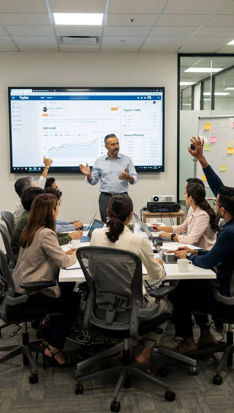 Business owner analyzing data for SEO strategies.